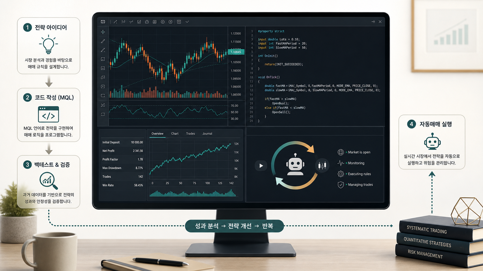 MetaTrader 5와 MQL5 전략 검증 흐름을 보여주는 이미지
