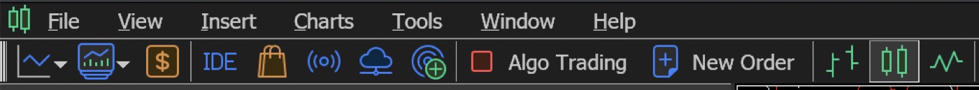 EA가 주문을 실행하려면 상단 Algo Trading 권한을 반드시 확인해야 한다 MT5 상단 도구막대에서 Algo Trading 버튼과 New Order 버튼이 보이는 화면