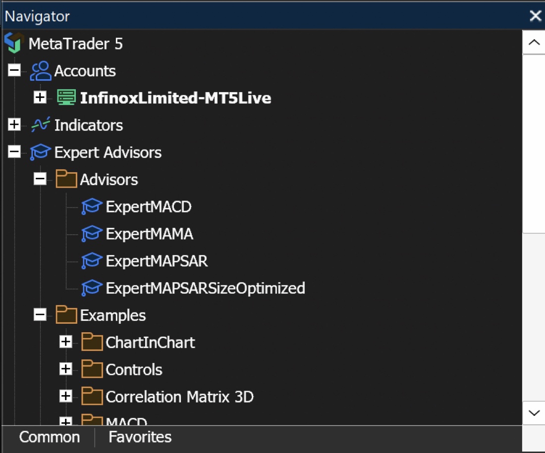 EA는 Navigator의 Expert Advisors 아래에서 찾아 차트에 붙인다 MT5 Navigator에서 Expert Advisors 폴더와 기본 예제 EA 목록이 보이는 화면