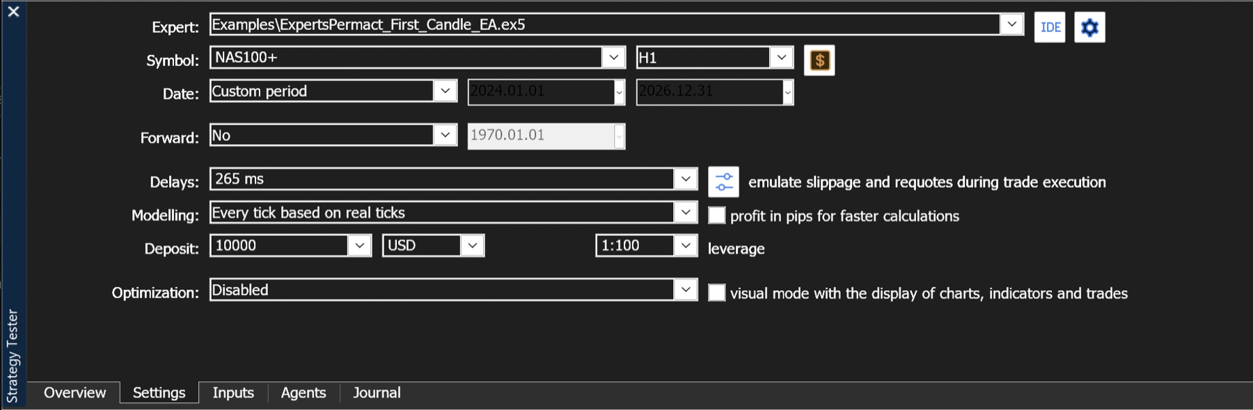 MT5 Strategy Tester 설정 화면에서 Expert, Symbol, H1 시간봉, 사용자 지정 기간, Deposit, Leverage를 설정하는 화면